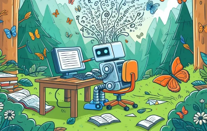 A robot writing in the middle of the forest representing machine translation services