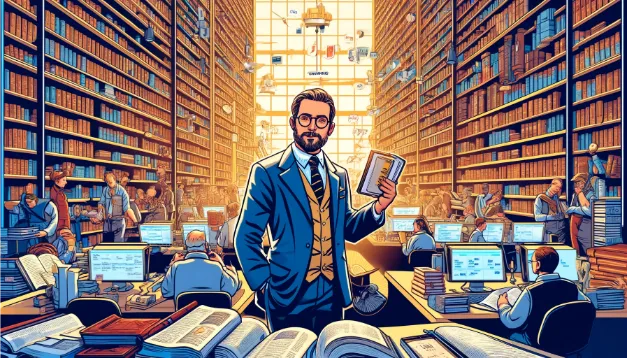 A subject matter expert in translation in a library with many books