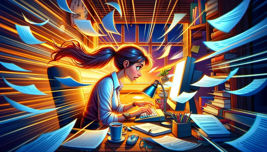A translation woman working like crazy to meet her translation turnaround time