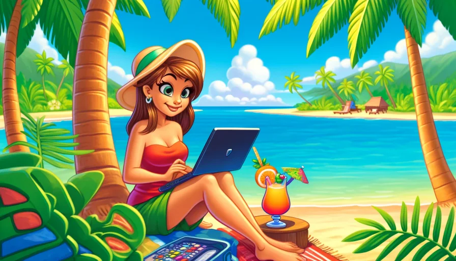 A tourism translator working on tourism translations under a palm tree