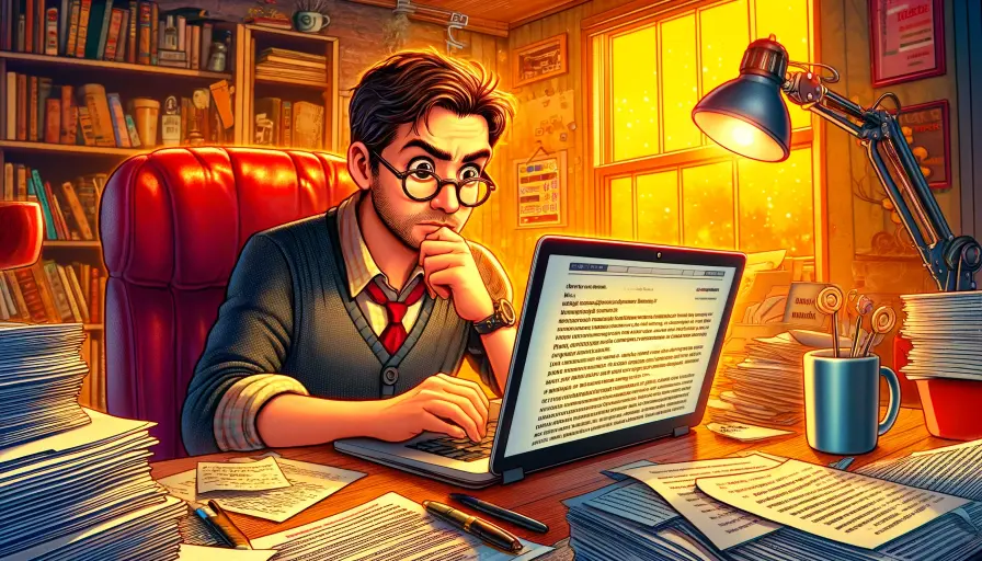 A translator staring at their laptop while working on a complex document