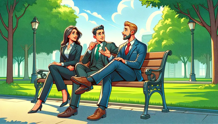 3 business people sitting in a park bench talking in an interesting conversation