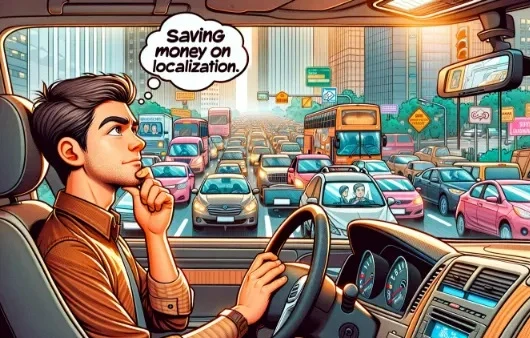 A translation client in his car thinking on how to save money on localization